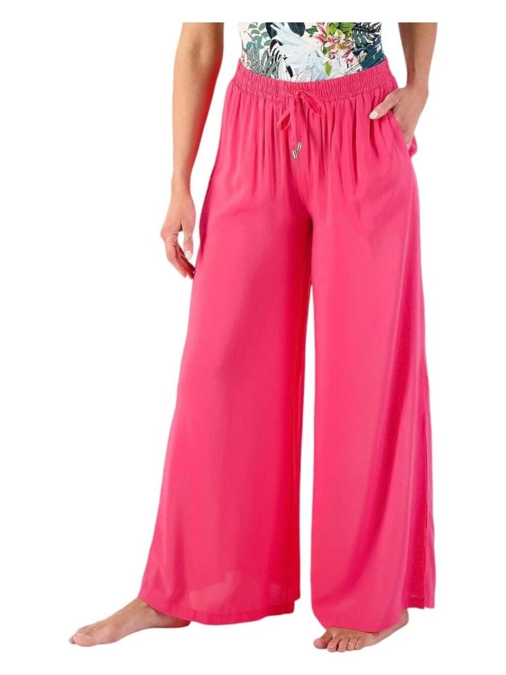Jantzen Cover Up Pants Small Regular Wide Leg Pull On Woven Watermelon Pink NEW